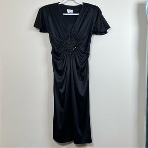 Vintage Black Silky Sequin Dress Union Made Pantagis Button Back Women's 14